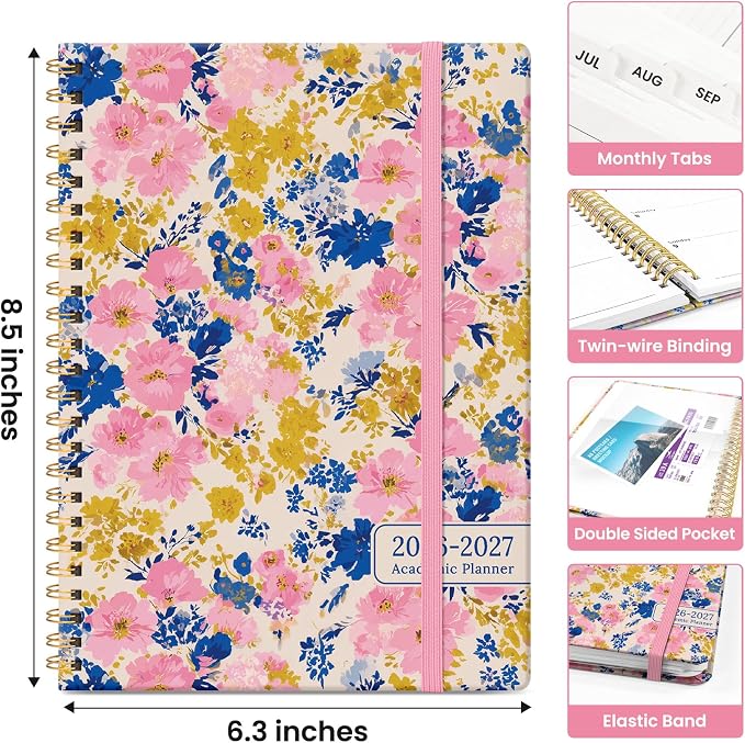 Taja Planner 2026-2027, Jul 2026-Jun 2027 Monthly & Weekly Calendar Planner | 6.3" x 8.5", Hardcover Academic Calendar, Teacher Student Agenda Book with Tabs, School Office Supplies, Pink Garden