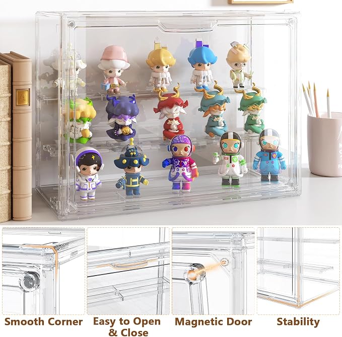 Acrylic Display Case 3 Tiers Clear Figure Display Cases for Collectibles Stackable Large Storage Box with Magnetic Door Dustproof Showcase