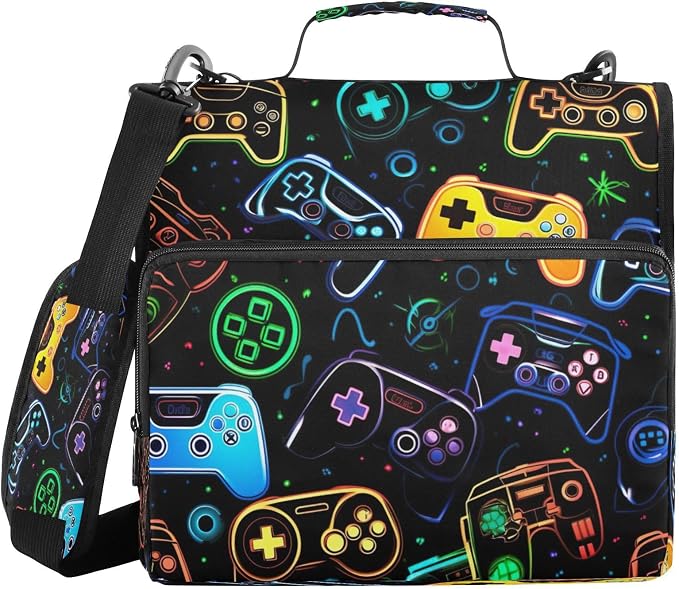 Colorful Video Game Controllers Zipper Binder for School with Shoulder Strap & Extra Pockets - 1.5 Inch 3-Ring Binder Holds 500+ Sheets, Textbooks, Laptop