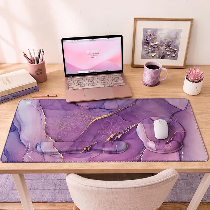 iCasso Purple Keyboard Mat 35.4"x15.7", Desk Blotter for Workspace | Mousepad Set with Wrist Support and Coaster Set, Cozy Desk Cover Set for Gaming Vanity Women Office Workspace Area