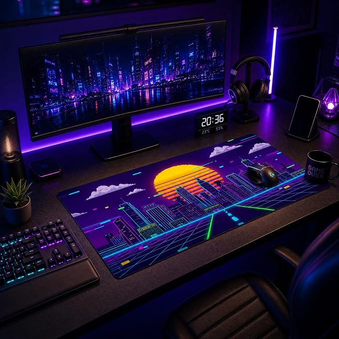 XXL Extended Gaming Mouse Pad, Cyberpunk Neon Synthwave Desk Mat Pixel | Retro Pixel Art Sunset Design with Stitched Edges & Non-Slip Rubber Base, Large Keyboard Mat for Gaming PC, Office Setup