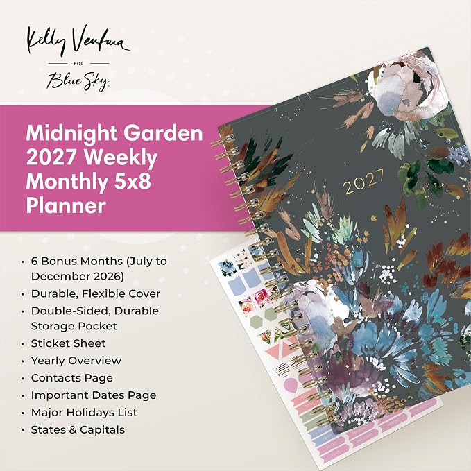 Blue Sky 2027 Weekly & Monthly Planner Calendar, 5"x8", Midnight Garden
