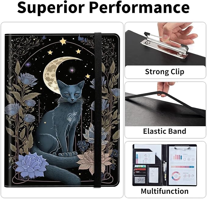 Padfolio/Portfolio Folder Clipboard,Padfolio Clipboard,Writing Portfolio Leather with Cover for Card Holder Slot Letter Size A4 for Office Conference Notepad Clip Boards,Witchy Cat Moon