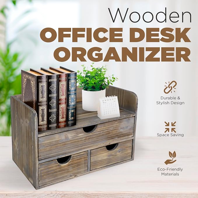 Besti Wooden Office Desk Organizer - Organizing Tool for Desktop, Cubicle, Bedroom, Kitchen - Vintage Style Organization Caddy with Top Tray Shelf & 3 Drawers - 13.6x9x7 Inches (Rustic)