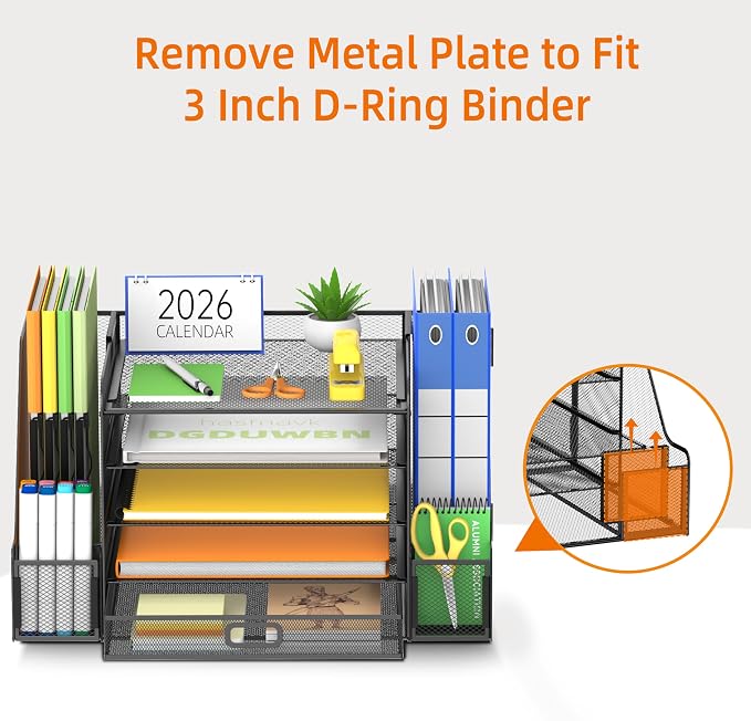 Mesh Desk Organizer with File Holder, 5-Tier Paper Letter Tray Organizer with Magazine Holder, Desktop Organizer and Storage with Drawer for Office Supplies Home or School (Black) | Two side magazine holders and a bottom drawer store papers, folders, n...