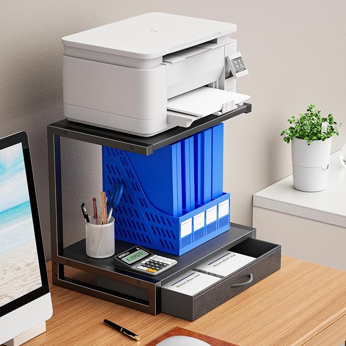 YAOHUOO 2-Tier Desktop Printer Stand with Fabric Drawer,17.3"x11.8" Black | Printer Table with Storage Shelf,Desk Organizer for Home Office,Fit Printer,Fax Machine,Scanner,Space Saving for Two Monitors