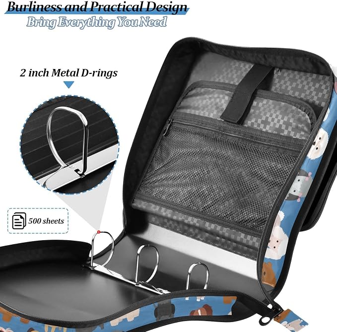 Dogs Cute Blue Print Zipper Binder Bag 3 Ring with Shoulder Strap & Handle Multi Pocket Binder Organizer Bag Large Capacity for School Office Supplies