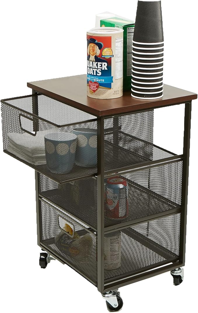 Mind Reader 3 Drawer Storage Organizer with Wood Top, Rolling Office Organizer Cabinet with Wheels, Office, Metal Mesh, Black