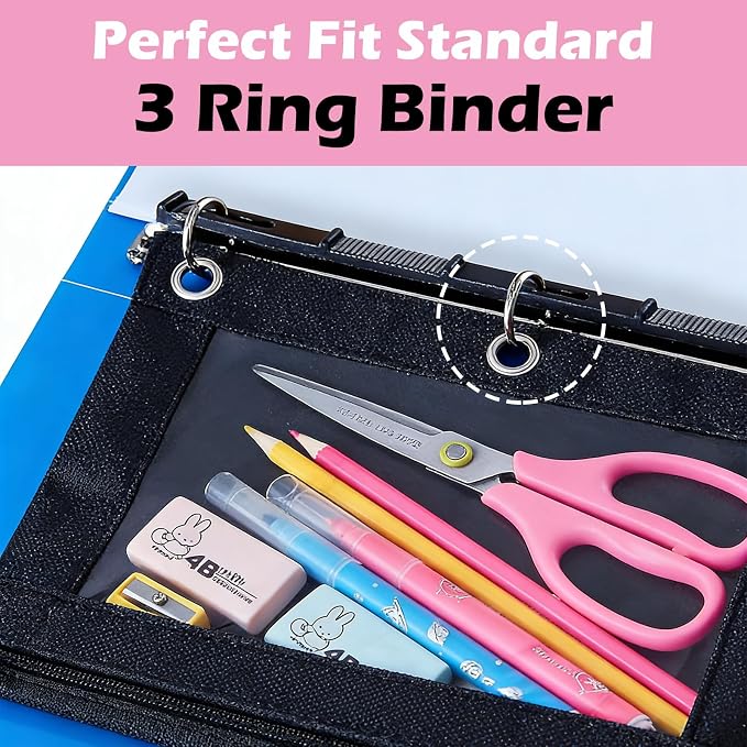 30Pack 3 Ring Binder Pencil Pouch with Zipper Black, Clear Window Pen Holder Case for Office, and Home Organization, Waterproof Oxford Fabric, Fits Standard 3 Ring Binders