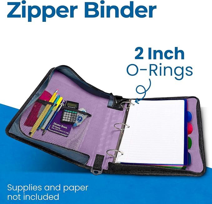 Case-it School Zipper Binder | 2-Inch O-Rings | 350-Sheet | D-251 Lavender | Classic, Multiple Storage Pockets, Shoulder Strap, School & Office Organizer, 6-Pack