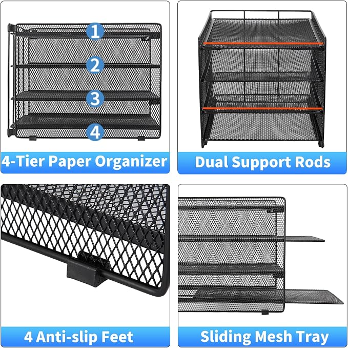 Desk Organizer, 4-Tier Paper Organizer Letter Tray, Black | Desk Organizers and Accessories, Office Desk Accessories & Workspace Organizers, Desktop File Organizer for Office Supplies