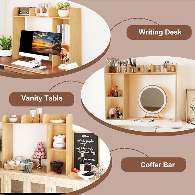 WAYTRIM Desk Shelf, Desk Hutch 3-Tier Desktop Bookshelf & Desk Organizer Shelf for Top of Desk, Wood Desktop Storage Shelf for Dorm, Office, Small Space, Desk Organizers and Accessories