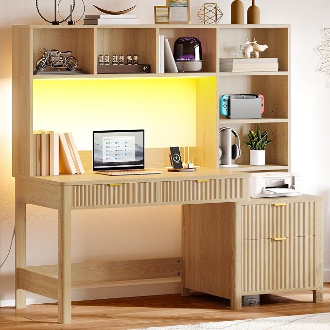 YITAHOME Computer Desk with Hutch and Drawers | 55" Office Desk with Storage Shelves Gaming Desk