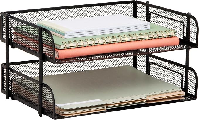 Mind Reader 2-Tier Stackable Paper Tray, Desktop Organizer for Letter-Size Documents, Office File Storage, Metal Mesh, Set of 2, Black