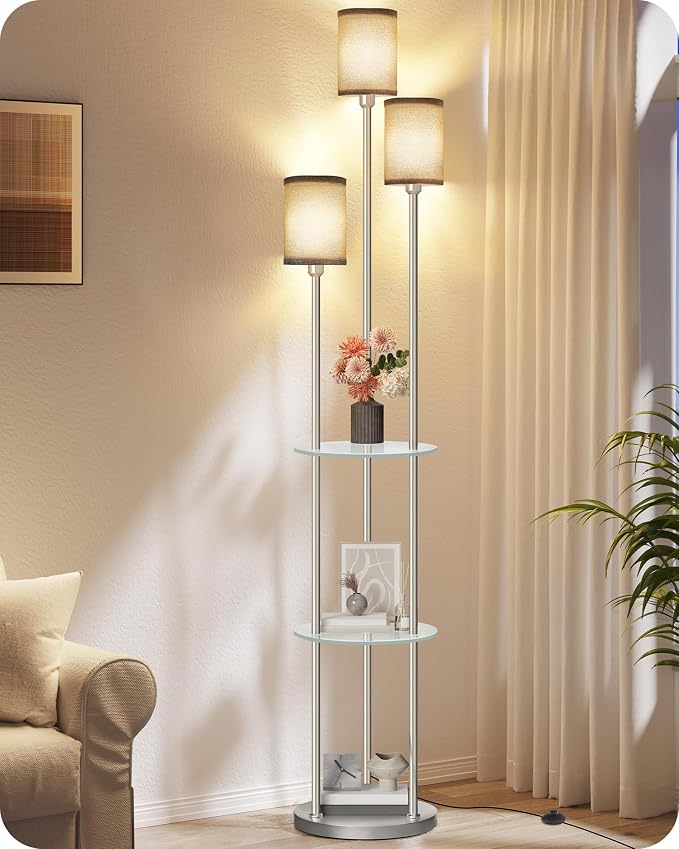 70.9" Floor Lamp with Shelves, for Living Room, 3-Tier Tall Lamp | Modern Shelf Floor Lamp with Foot Switch, 3-Light Standing Lamp, for Bedroom, Study, Office, Silver and Gray HSN53LD05