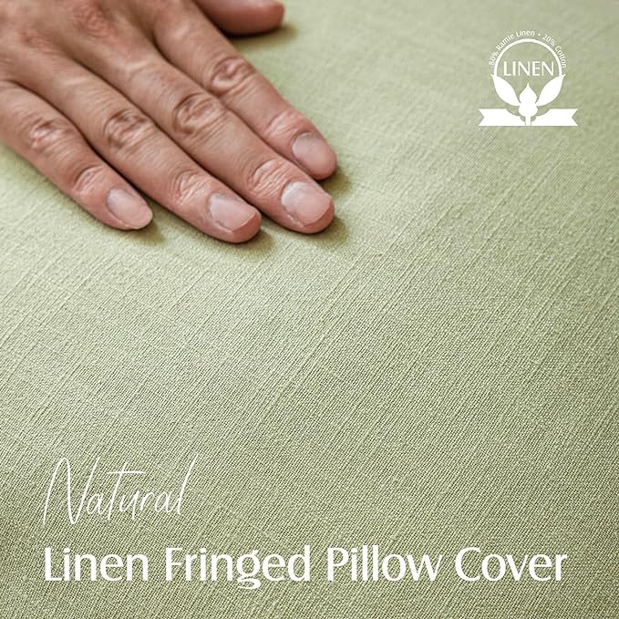 Foindtower Set of 2 Decorative Linen Fringe Throw Pillow Covers Boho Farmhouse Cushion Cover with Tassels Soft Accent Pillowcase for Couch Sofa Bed Living Room Home Decor,22×22 Inch,Light Sage Green