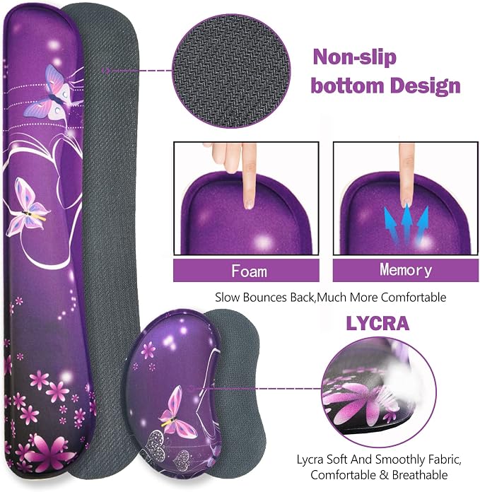 Large Gaming Mouse Pad, Keyboard Wrist Rest Pad & Wrist Support Mousepad Set, Stitched Edge, Extended, Non-Slip Base, Memory Foam Desk Mat for Office, Home, Purple Heart Butterfly