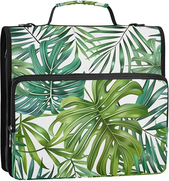 3 Ring Zipper Binder with Shoulder Strap Palm Leaves Tropical Plants Green 2 Inch Zippered Binder Bag 500 Sheet Capacity Multi Pockets for School Supplies