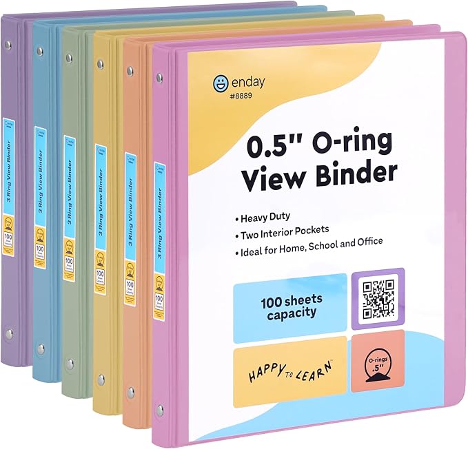 Enday 1/2 inch Binder 3 Ring Binder (6 Pack - Assorted Colors) O-Ring Binder with Clear View Cover and 2 Inside Pocket - for Letter Size 8.5 x 11'' Paper, Ideal for School Supplies, Office, and Home