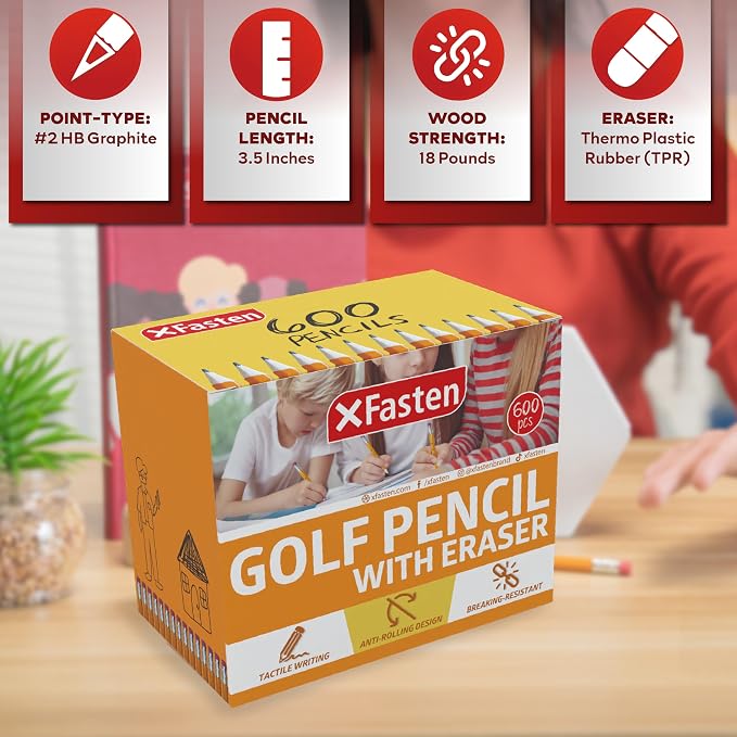XFasten Golf Pencils, #2 HB Sharpened Pencils with Erasers, 3.5 Inch Half Size, Hexagonal, Bulk 600-Pack for Office Supplies & Art Supplies