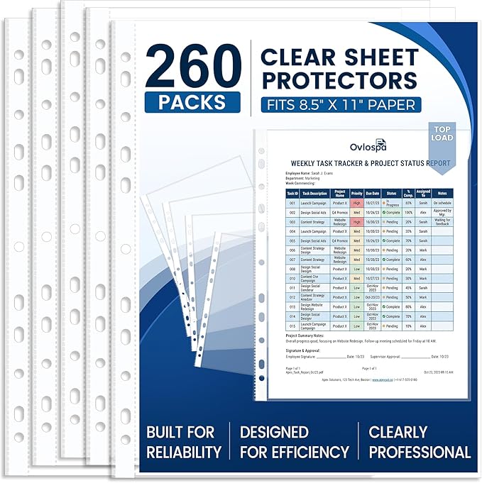 260 Pack Clear Sheet Protectors 8.5 x 11 Inch Easy-Open, Transparent Plastic Page Sleeves for 3-Ring Binders, Bulk Pack for Business, Office, School & Classroom Use - Durable & Smooth