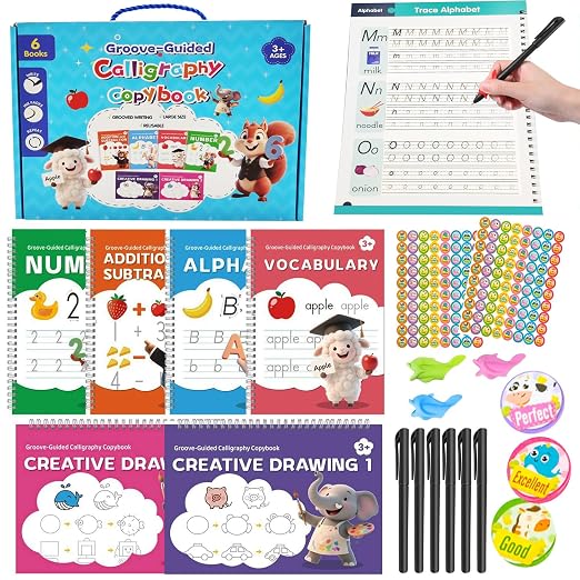 ROYFACC Grooved Writing Books Groove Handwriting Practice for Kids 3-8 Large Reusable Groove Workbooks Tracing Books Preschool Learning Letter Number Math Drawing with Disappearing Ink Pens, 6 Books
