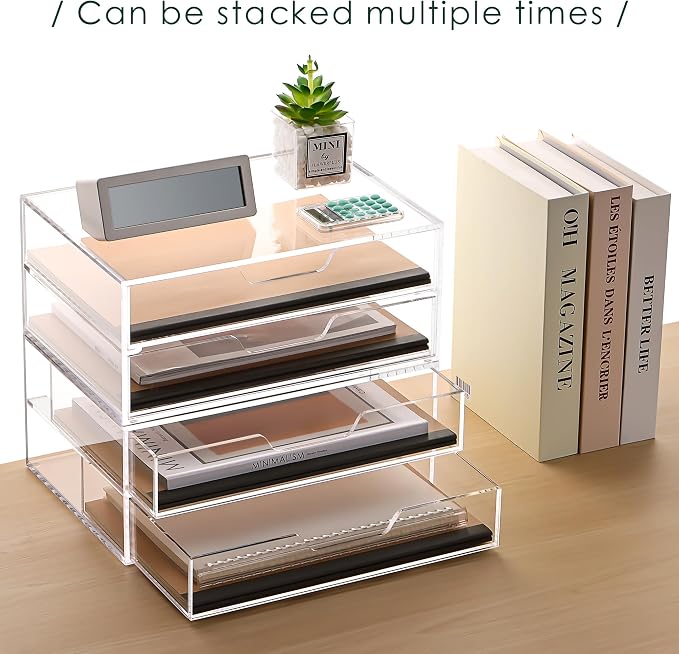 SANRUI 2 Tier Acrylic Desk Organizer with 2-Drawer, Clear File Organizer | 2 Open Drawers, Organize Office Desk Accessories & Sort Pens, Notes, Makeup, Jewelry & Toiletries for Office, Vanity & Bath