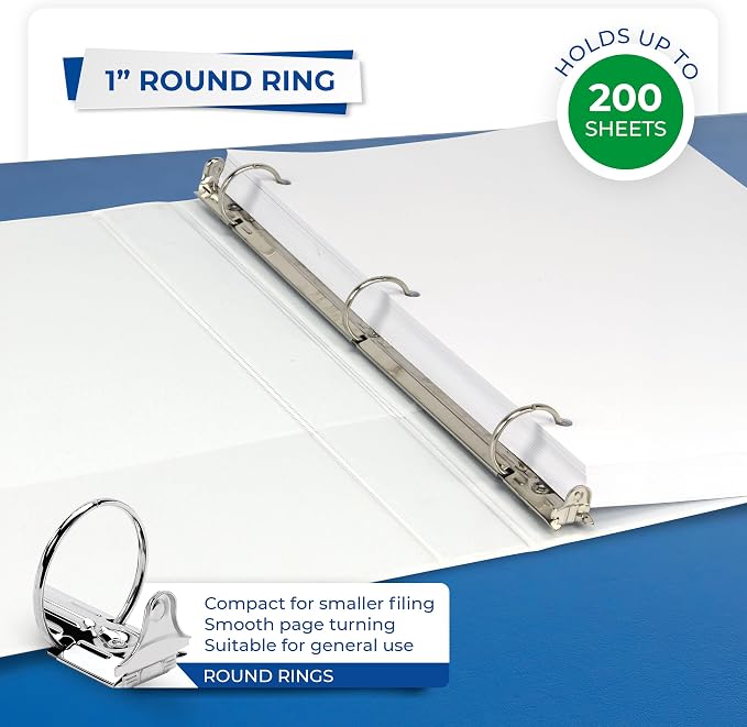 Samsill 1 Inch 3 Ring Binder, Economy Round Ring, Clear View Cover, 200 Sheet Capacity - for School, Home, Office - White