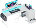 VERMESS 63" Reversible L Shaped Gaming Computer Desk, Corner Desk with Power Outlets & Monitor Stand, Writing Study Table with 4 Storage Drawers, Desk with LED Lights, White