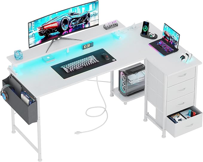 VERMESS 63" Reversible L Shaped Gaming Computer Desk, Corner Desk with Power Outlets & Monitor Stand, Writing Study Table with 4 Storage Drawers, Desk with LED Lights, White