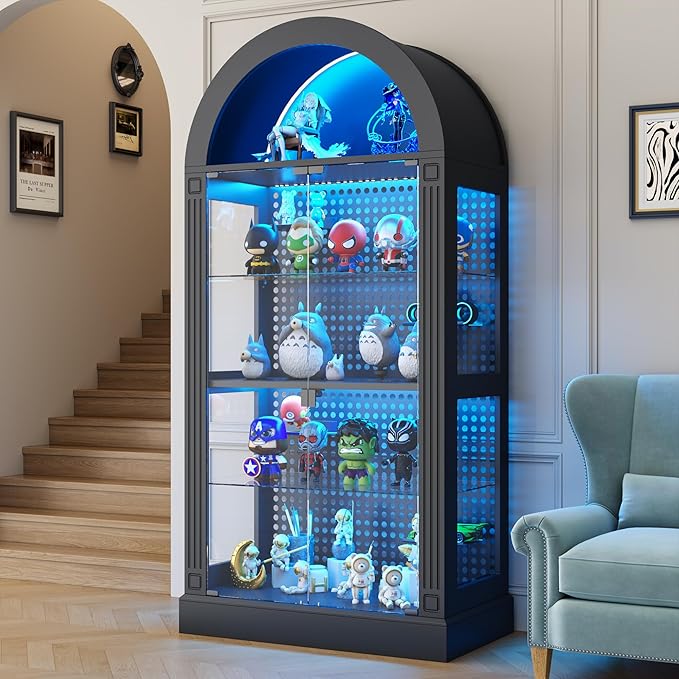 kepptory 71" Arched Display Cabinet with Glass Doors and LED, 5-Tier Curio Cabinet with Roman Line Design and Pegboard, Glass Display Case China Cabinet for Collectibles, Black