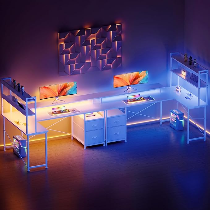 L Shaped Gaming Desk, Reversible with LED Lights, Shelves, White | Reversible, LED lights, Charging, Monitor stand