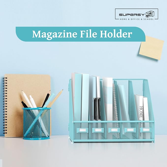 Desk Organizers Metal Desk Magazine File Holder with 5 Vertical Compartments Rack File Organizer for Office Desktop, Classroom, Home Workspace, Blue