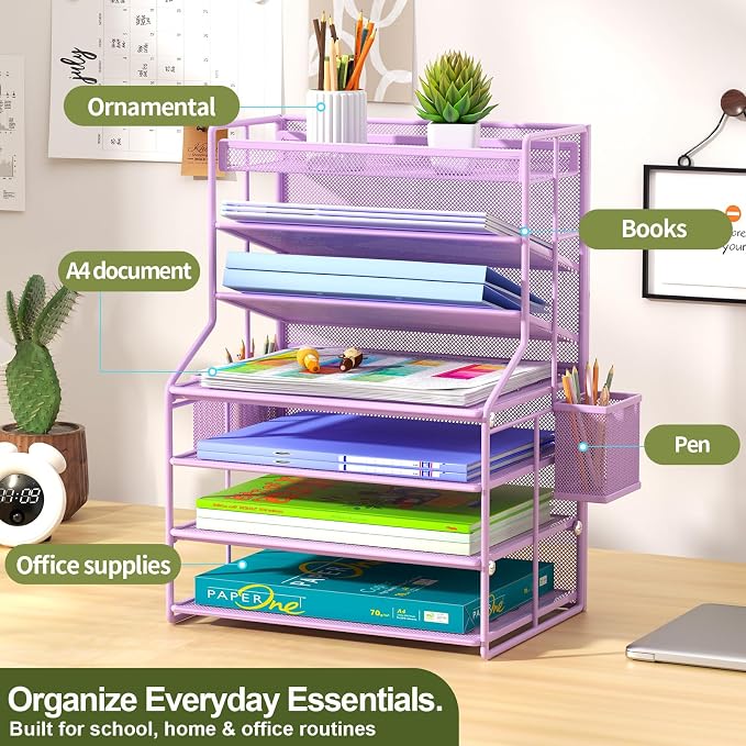 Purple 7 Tier Desk File Organizer, Metal Letter Tray Paper Organizer with Pull-Out Drawer, Removable Pen Holder & Hanging Basket, Vertical Desktop File Holder for Home Office, Classroom