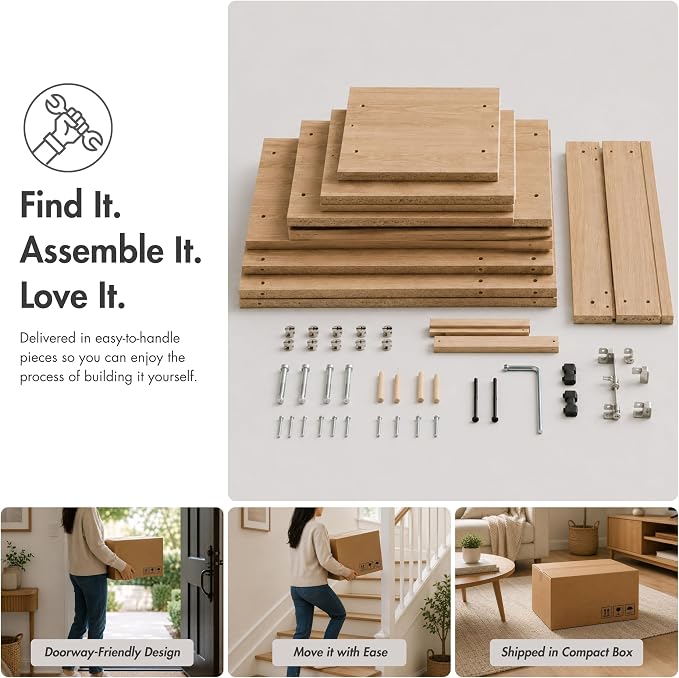 Homes: Inside + Out Connelly Modern 5 Shelf LED Bookcase, Unique Thin Wood Bookshelf with Storage and Remote, Office Shelving,Tall Book Shelf for Bedroom, Living Room and Small Spaces, Cream Weave