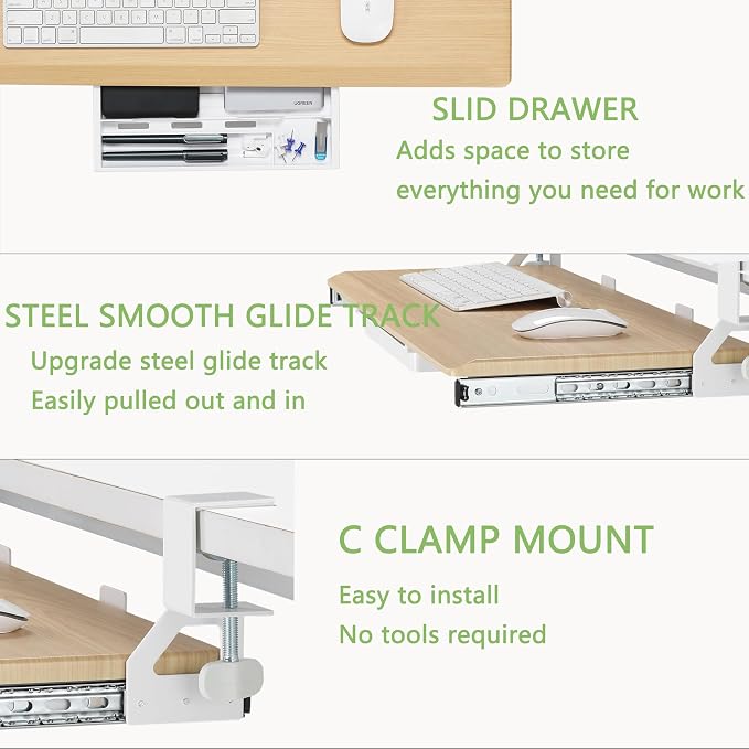ETHU Under Desk Keyboard Tray - Small Slide Out Keyboard Shelf with C Clamp Mount, 19.7" x 11.8" Ergonomic Pull Out Tray for Home Office Desk,Oak