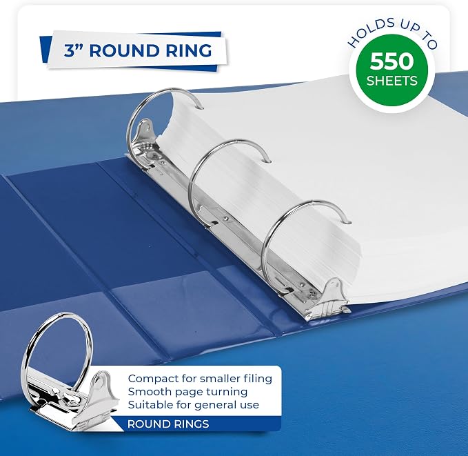 Samsill 3 Inch 3 Ring Binders, Economy Round Ring, Clear View Cover, 550 Sheet Capacity - for School, Home, Office - Blue, 12 Pack