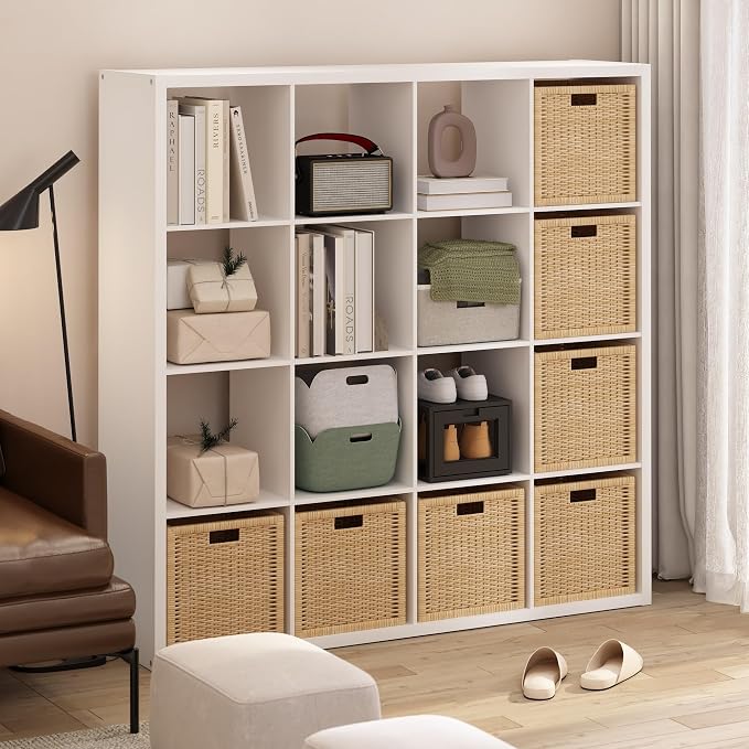 Furinno Cubicle Book Shelf, 16-Cube Bookshelf, Extra Thick Frame Reversible Tall Wide Bookcase with Open Back, 14.6 x 57.8 x 58, for Living Room, Bedroom, Home Office, Plain White