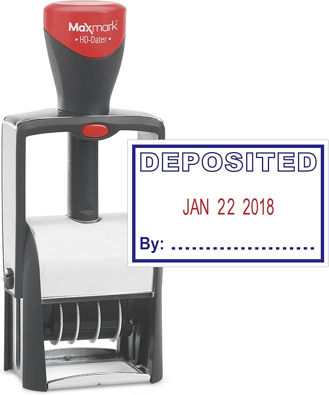 MaxMark Heavy Duty Self Inking Date Stamp with Phrase Deposited - 2 Color Blue/Red Ink
