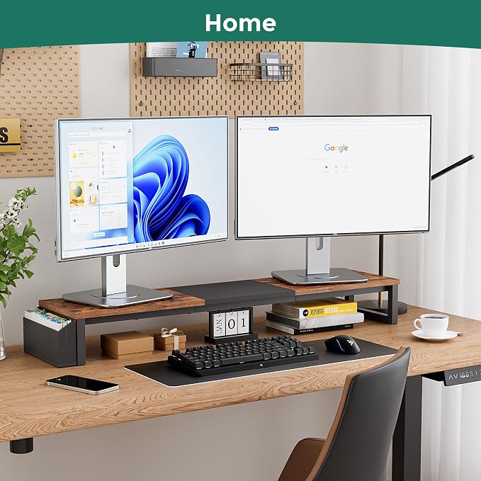 Dual Monitor Stand Riser, 41.5'' Extra Long Wood Monitor Stand Desktop Organizer with Side Pocket, Ergonomic Monitor Riser Supports 2 Monitors,TV,Laptop,Printer for Home Office, Rustic Brown