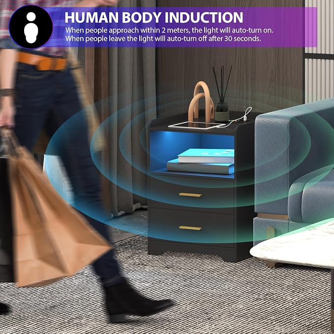 dnbss RGB Nightstand with Charging Station, Smart Bedside Table, Black | LED Night Stand, 2 Drawers, 1 Compartment, Human Body Sensor, Modern End Side Table for Bedroom Living Room Office Storage