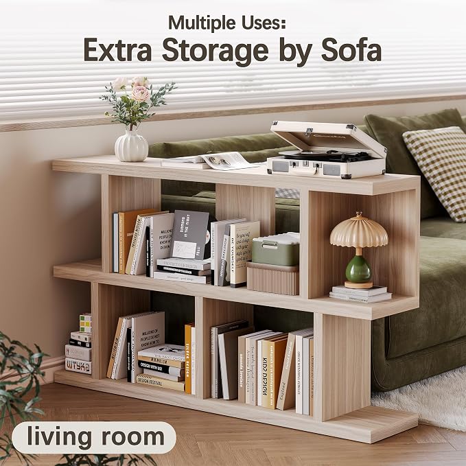 TIQLAB 47" Book Shelf Horizontal, Open Bookcase with Storage, Light Walnut | horizontal bookshelf with 3 open storage shelves, for bedroom office or living room, low bookcase, display rack shelving unit