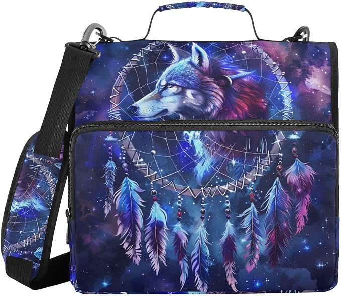 Wolf Head Dreamcatcher Galaxy 3 Ring Binder Bag 1.5 inch Binder Organizer with Zipper Shoulder Strap 500 Sheet Documents Storage for School Office