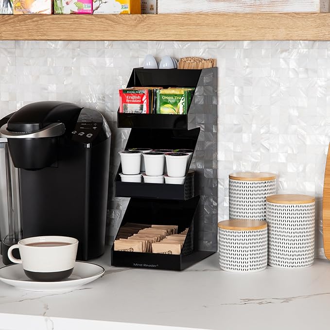 Mind Reader Coffee Tea Utensil and Condiment Station, Countertop Organizer, Coffee Bar, Kitchen, 6" L x 9" W x 16" H, Black, Acrylic | Countertop Organizer, Coffee Bar, Kitchen