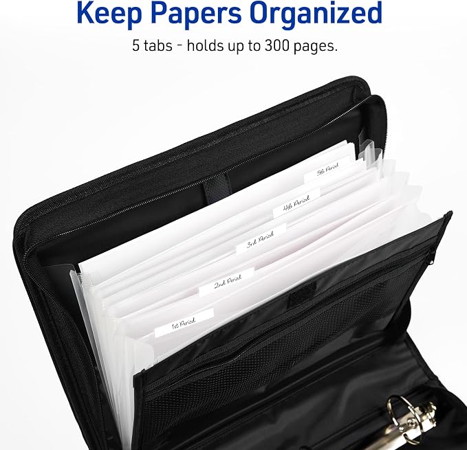 Avery® Zipper 3 Ring Binder, 2" Round Rings, 1 Black Binder | For School and Office On-The-Go, Durable Polyester Cover, Secure Zip Closure, Exterior Pocket, Laptop and Tablet Storage