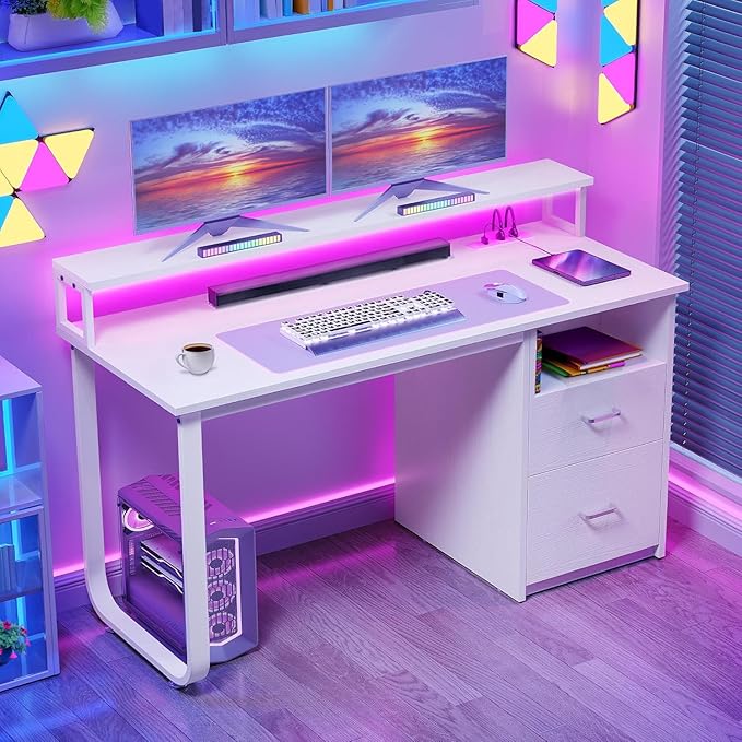 DWVO 47" Office Desk with Drawers, Monitor Stand, Power & LED, White | Built-In Power Outlets, Led Light, Monitor Stand, Storage Space, For Home Office Study, Easy Assembly