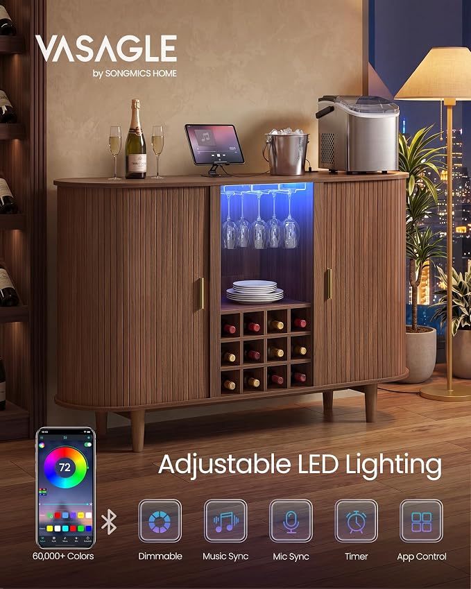 VASAGLE Storage Cabinet, Sideboard with LED Lights and Power Strip | Mid-Century Modern Buffet Cabinet, 55.1 x 15.7 x 35.4 Inch, for Living Room, Chestnut Brown, MIRIANA Collection ULSC641KX01
