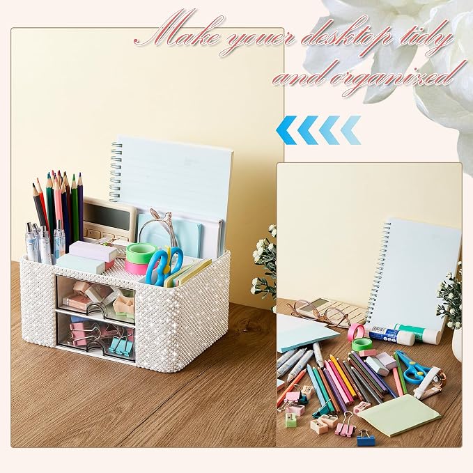 MotiMind White Bling Desk Organizer with 2 Drawer, Sparkly Makeup Organizer for Vanity, Girly Desk Accessories, Rhinestone Pen Holder, Elevate Your Workspace with White Serenity (Pearl)