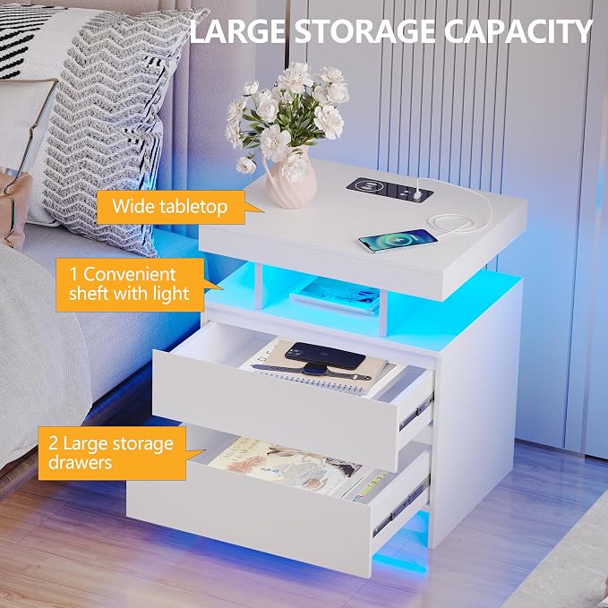dnbss LED Nightstand with Charging Station, Smart Bedside Table, White | Modern Night Stand, Floating Desktop, 2 Drawers, 1 Compartment, Human Body Sensor, for Bedroom Living Room Office Storage