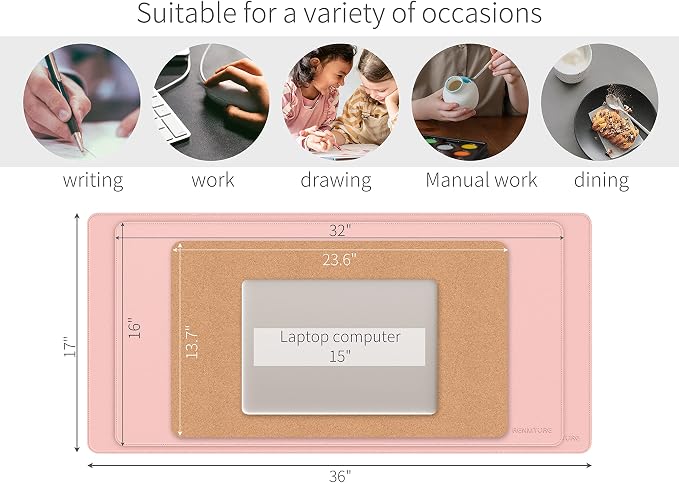 RENMTURE Dual-Sided Mouse Pad, Natural Cork & PU Leather Large Desk Pad for Office and Home Work, Desk Protector Non-Slip, Waterproof, Easy Clean (Pink, 32"x16")